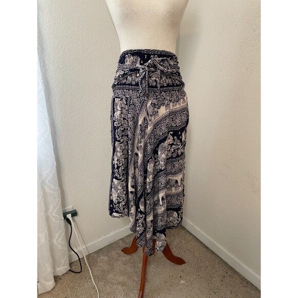 Boho Elephant Print Strapless Midi Dress Asymmetrical Hem Navy Beige 100% Rayon - Picture 5 of 7
